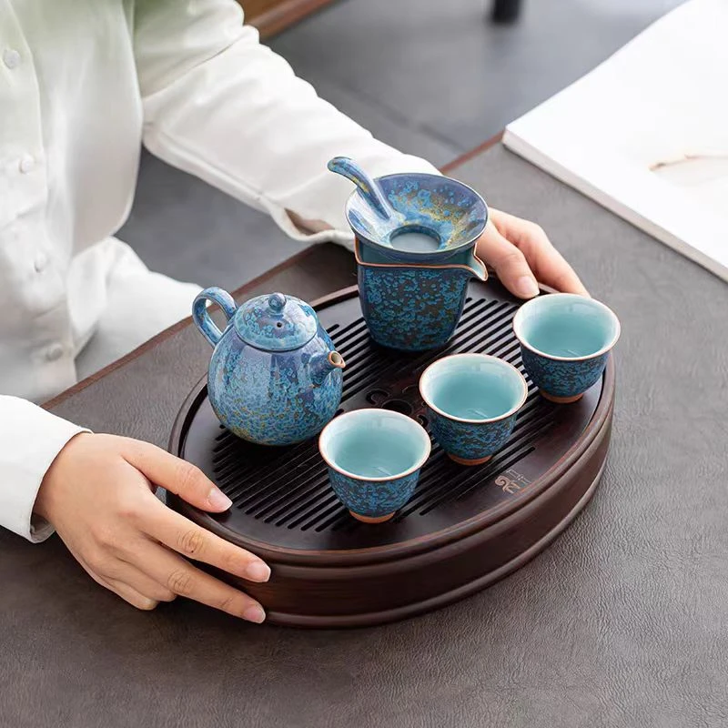 浮翠蓝玉窑变旅行套组便携装带重竹茶盘轻奢复古陶瓷中式简约小型