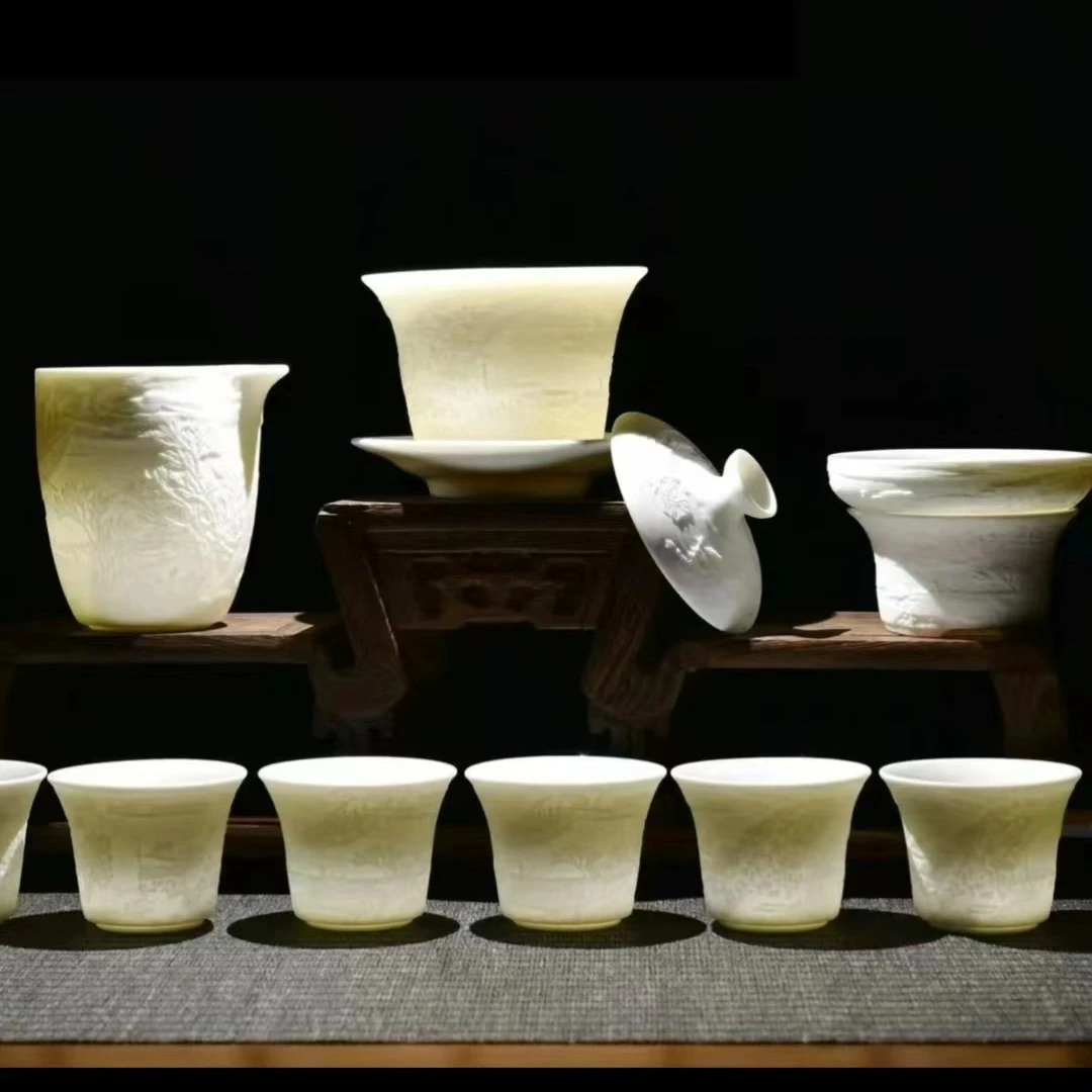 清明上河图手工精雕羊脂玉瓷高端素烧茶具（无礼盒珍珠棉安全包装）