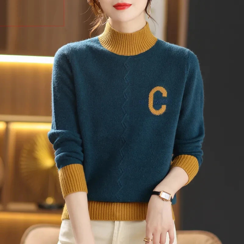 浠然荷新款加厚显瘦时尚拼色秋冬半高领毛衣女宽松内搭针织打底衫