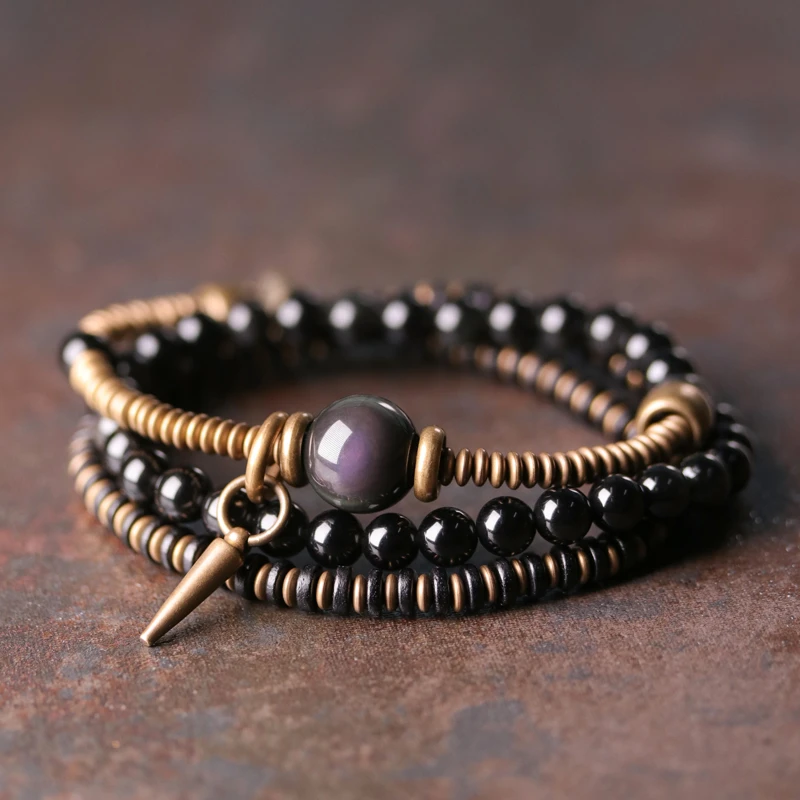 黄铜手链 原创小众设计石手链男潮 个性多层手串女复古手饰