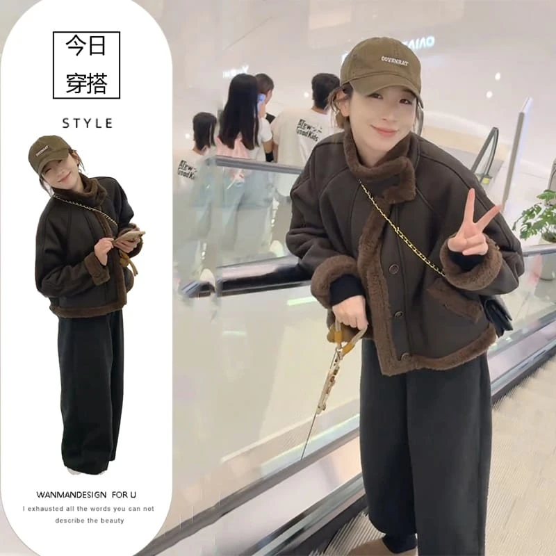 美拉德风咖色皮毛一体短外套女2024冬季新款复古保暖机车派克棉服