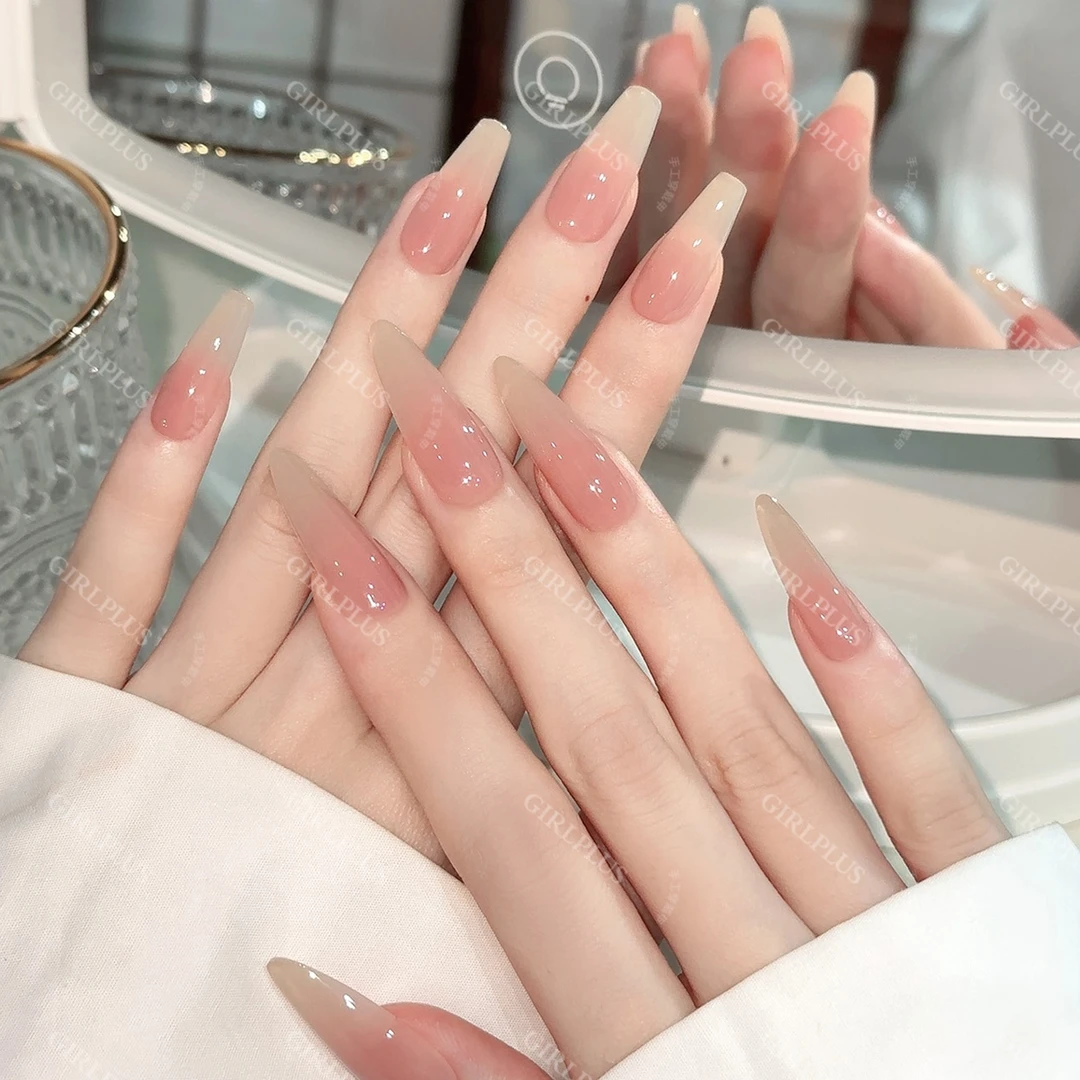 GIRLPLUS『甘露寺』高级感冰透裸色纯手工穿戴甲显白短中长美甲贴片