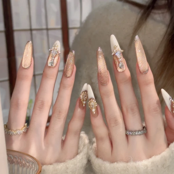 『尼罗河公主』yy重工款金烁超闪堆钻纯手工穿戴甲加长款美甲