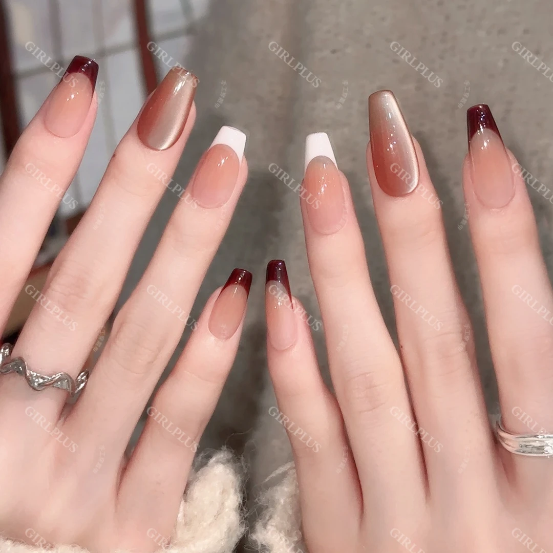 『茶话会』yy冬日酒红棕色猫眼白法式特好看纯手工穿戴甲长款气质