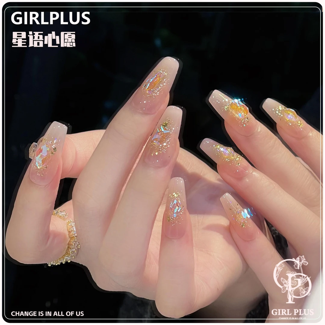 GIRLPLUS『星语心愿』纯手工穿戴甲粉色渐变百搭金闪钻显白短长美甲