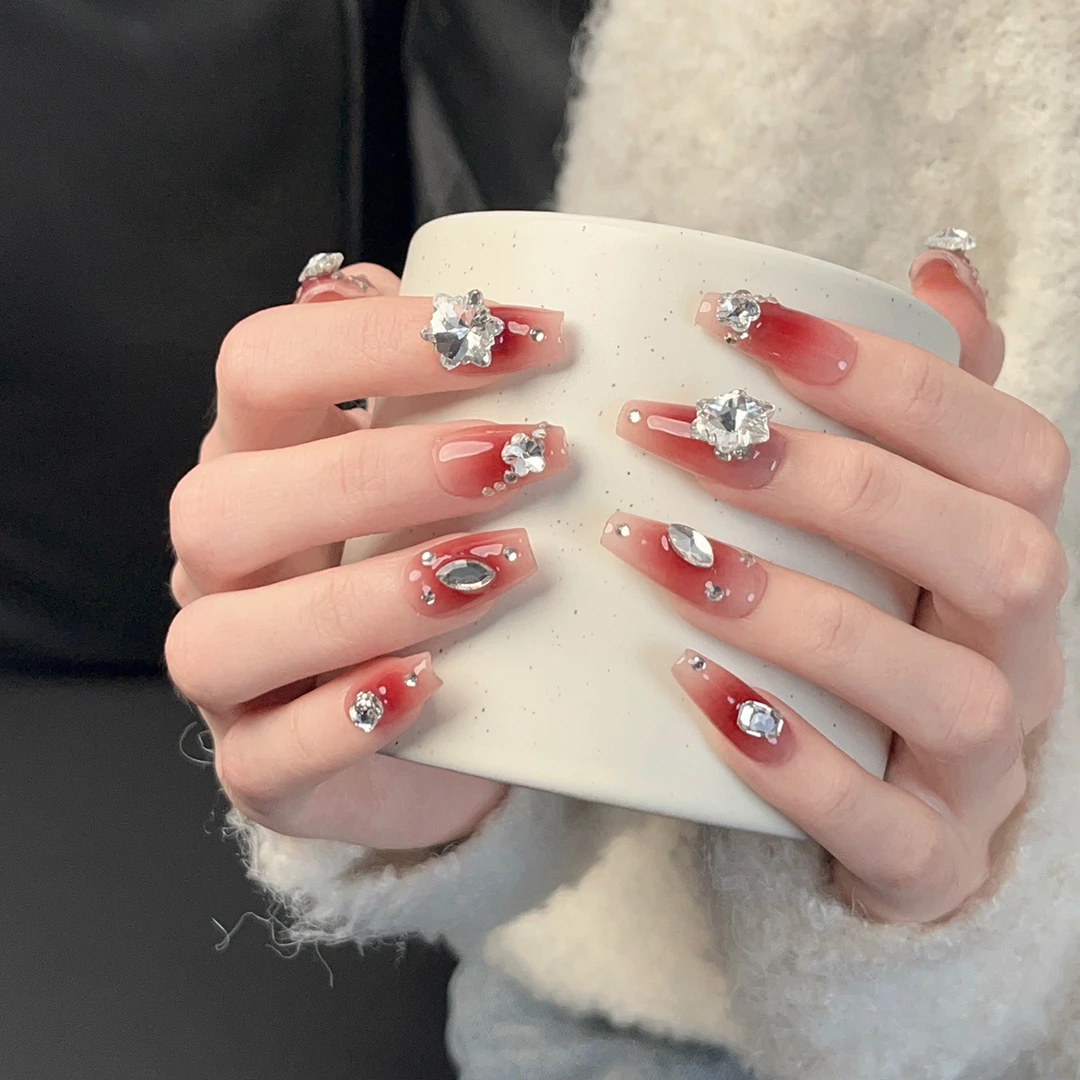 『龙舌兰日出』美拉德轻奢爆闪雪花钻腮红中长纯手工穿戴美甲贴片
