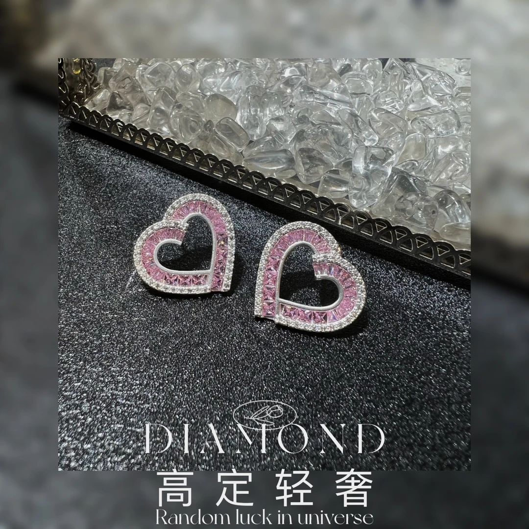 铜合金耳饰 「少女心事」镂空爱心耳环甜美精致耳钉粉色爱心耳环