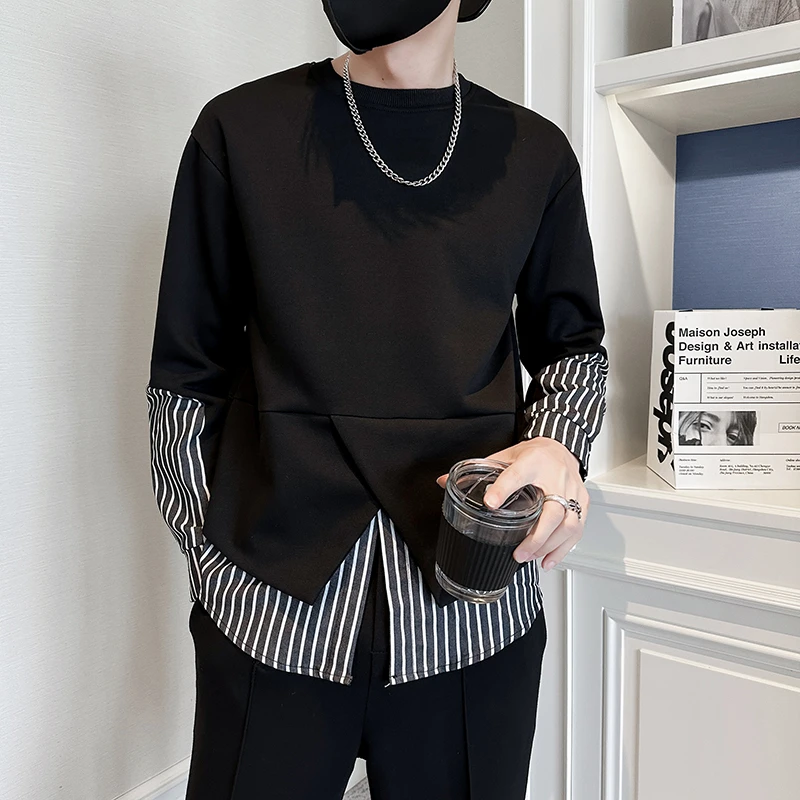 下摆开叉卫衣男春秋2023新款痞帅潮牌潮流个性条纹长袖假两件t恤