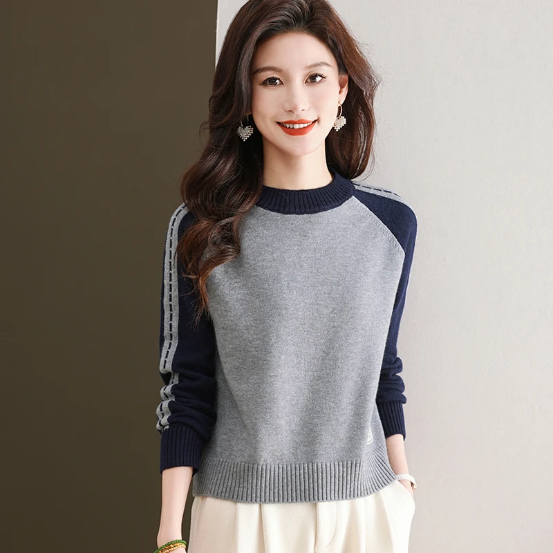 秋装女拼色上衣洋气时尚新款小衫秋打底衫休闲女士宽松圆领拼接