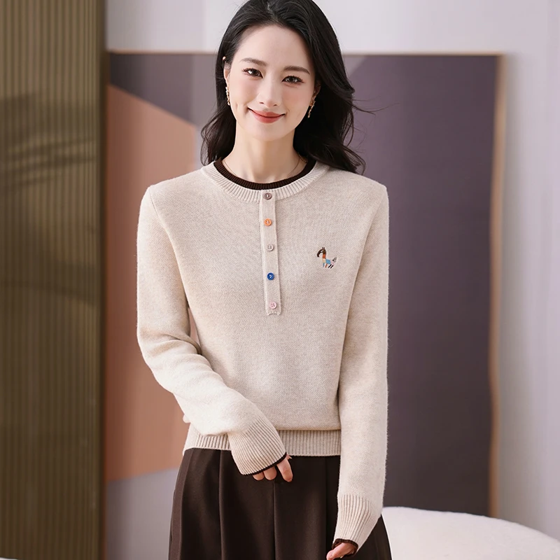 冬季新款拼色刺绣圆领羊毛羊绒衫女休闲气质软糯打底衫简约百搭