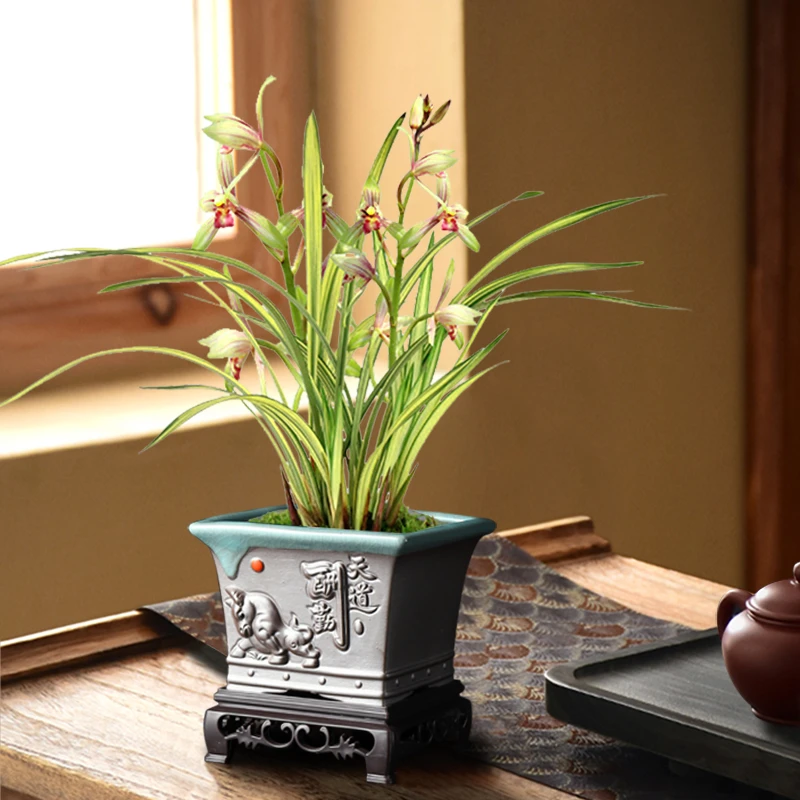 中式浮雕花盆陶瓷手绘花盆哥窑开片室内盆景盆四方形家用桌面盆器