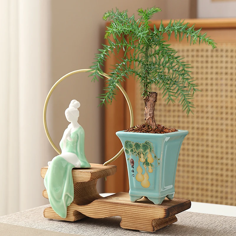 新中式家居花盆陶瓷组合唐侍女实木底座花盆青瓷琴棋书画桌面摆件