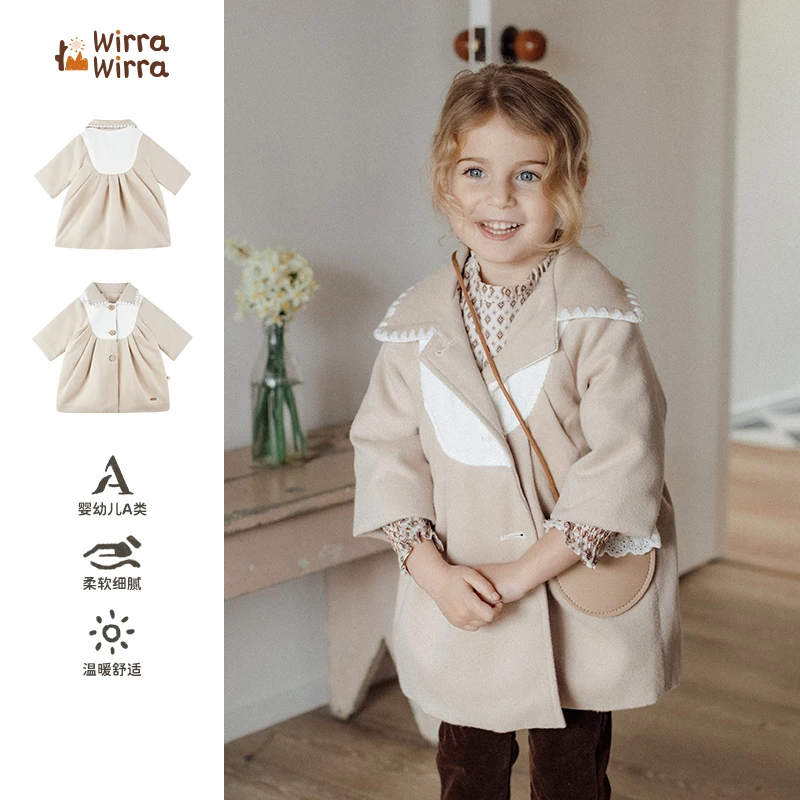 WirraWirra冬季保暖透气优雅中长款可爱公主撞色拼接毛呢外套