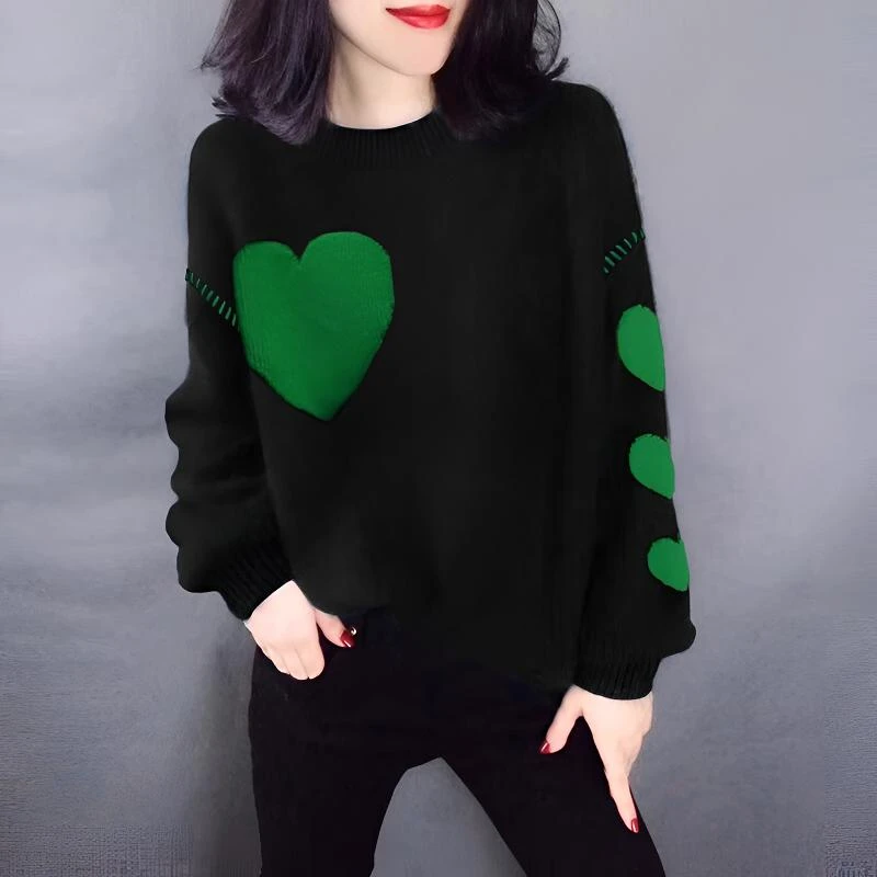 设计感小众黑色圆领爱心打底针织衫毛衣女加厚秋季新款