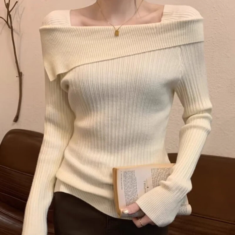 一字领针织打底衫女春秋季新款不规则内搭毛衣法式正肩长袖上衣