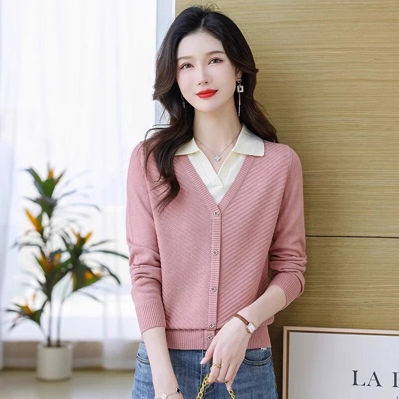 春秋季假两件针织衫女2025新款宽松套头毛衣洋气POLO领打底衫