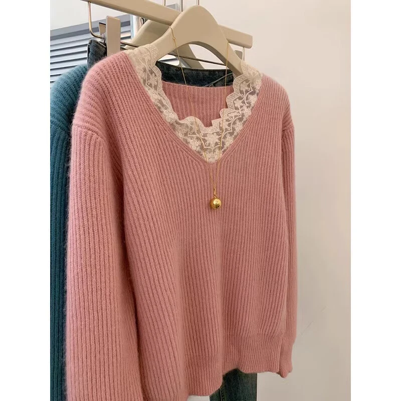 v领毛衣慵懒高级感蕾丝拼接长袖针织衫女2024年春秋新款宽松上衣