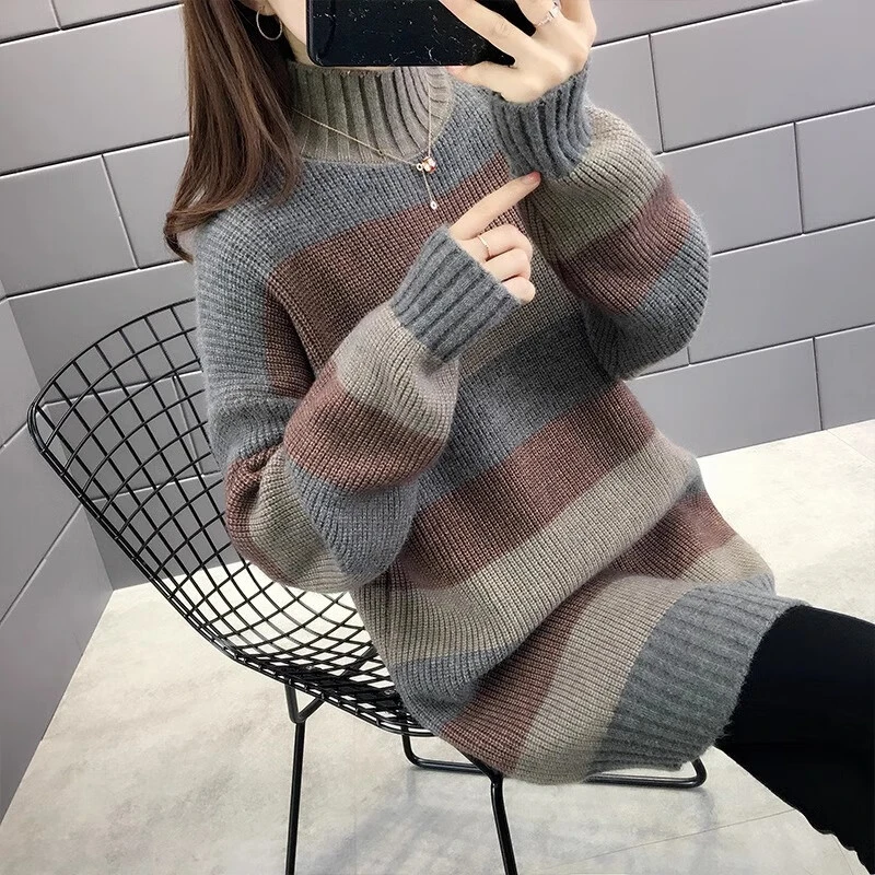 2025春季新款中长款条纹毛衣女宽松新款慵懒风半高领针织外穿毛衣