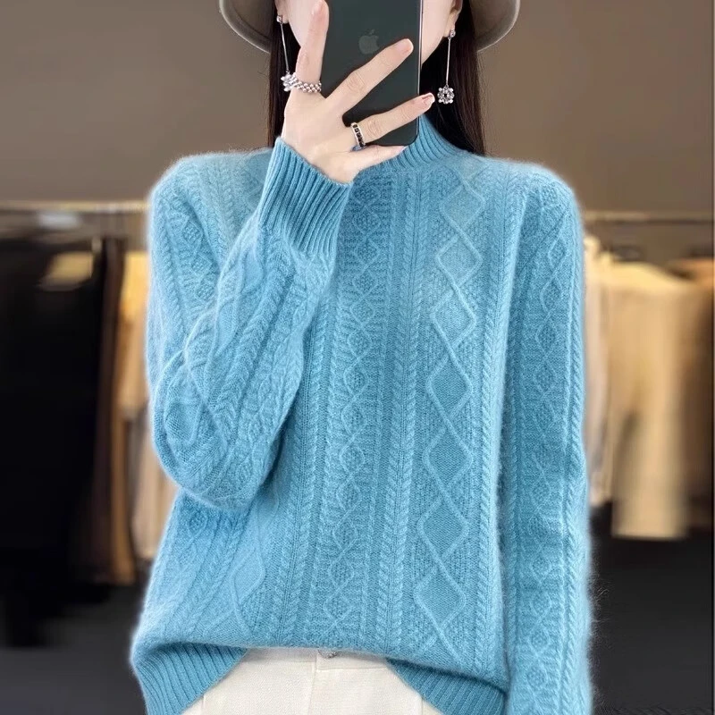 秋冬新款麻花半高领套头网红针织毛衣女韩版宽松加厚修身长袖上衣