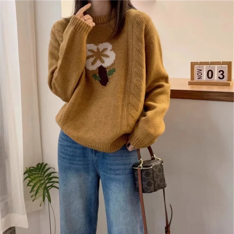 新年红色花朵图案针织衫女2025年新款百搭女装针织毛衣打底衫潮