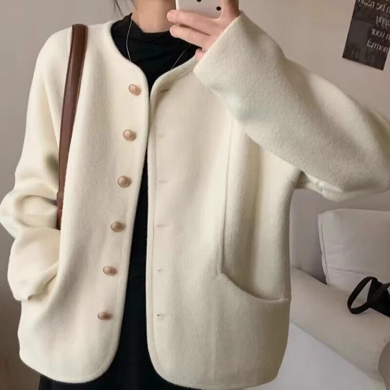 小香风双面针织大衣女短款2025春秋新款圆领小个子韩系针织衫外套