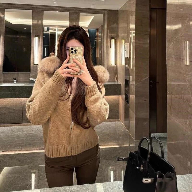 外套秋冬女2025年新款百搭连帽美拉德春秋针织开衫小个子大毛领