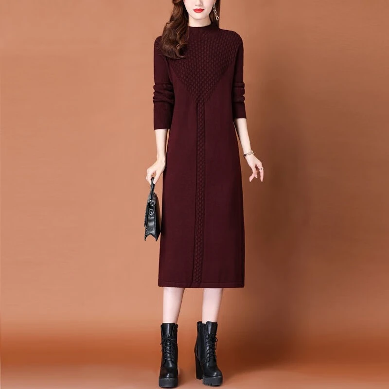 春秋女高贵针织连衣裙过膝内搭冬季打底裙子加绒气质中长款保暖