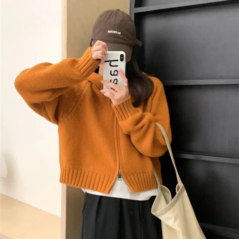 橘色双拉链连帽毛衣开衫女春秋穿搭韩系慵懒风短款针织衫上衣外套