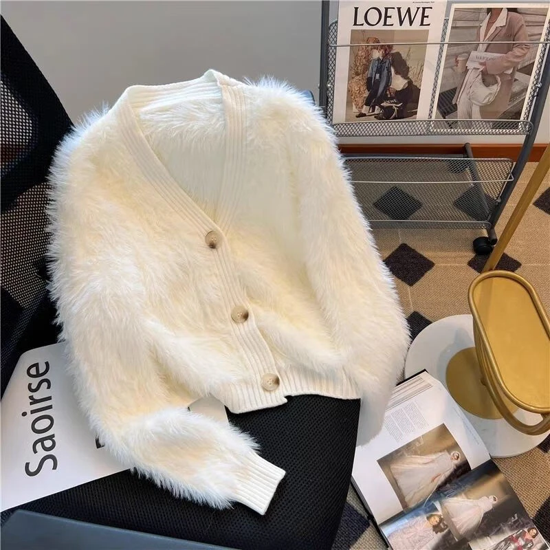 软糯风外套春秋新款超仙白色针织开衫加厚V领慵懒毛衣上衣