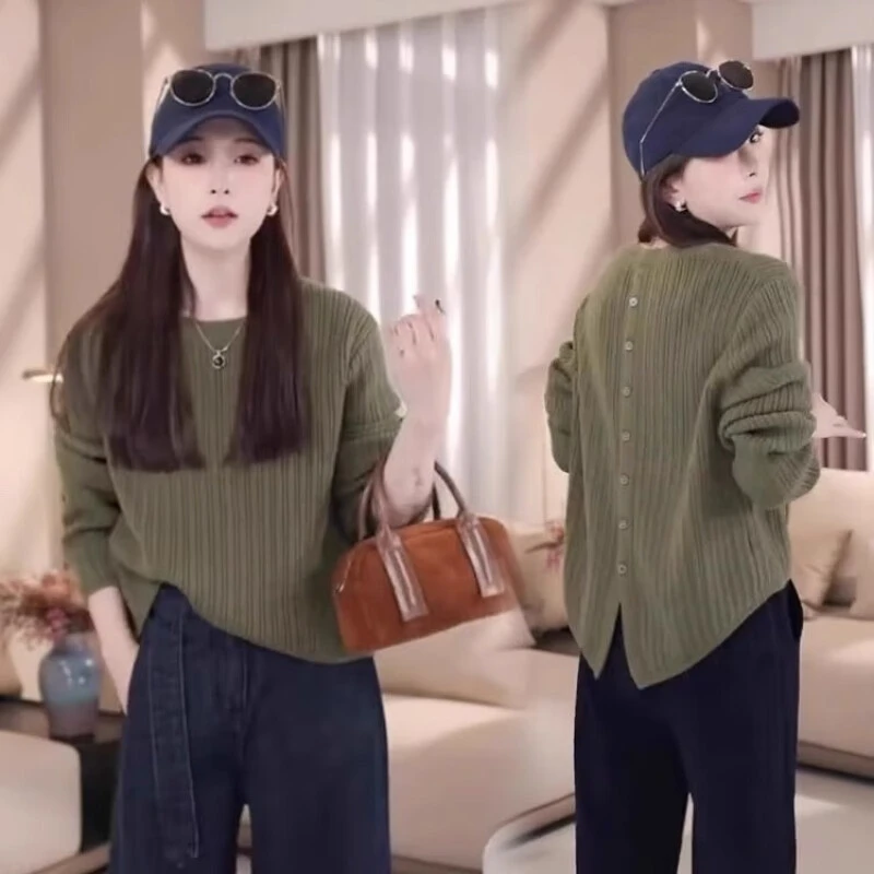 后背开叉百搭短款毛衣针织衫秋装女款2025年新款打底宽松针织上衣