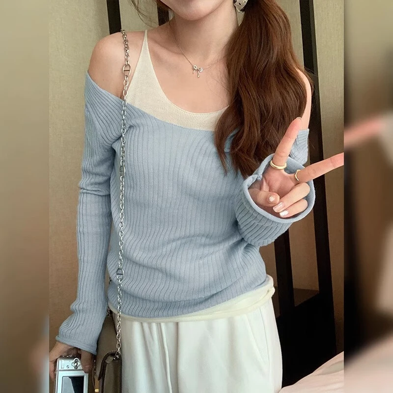 宽松休闲撞色V领假两件喇叭袖针织衫女春季2025新款慵懒长袖上衣