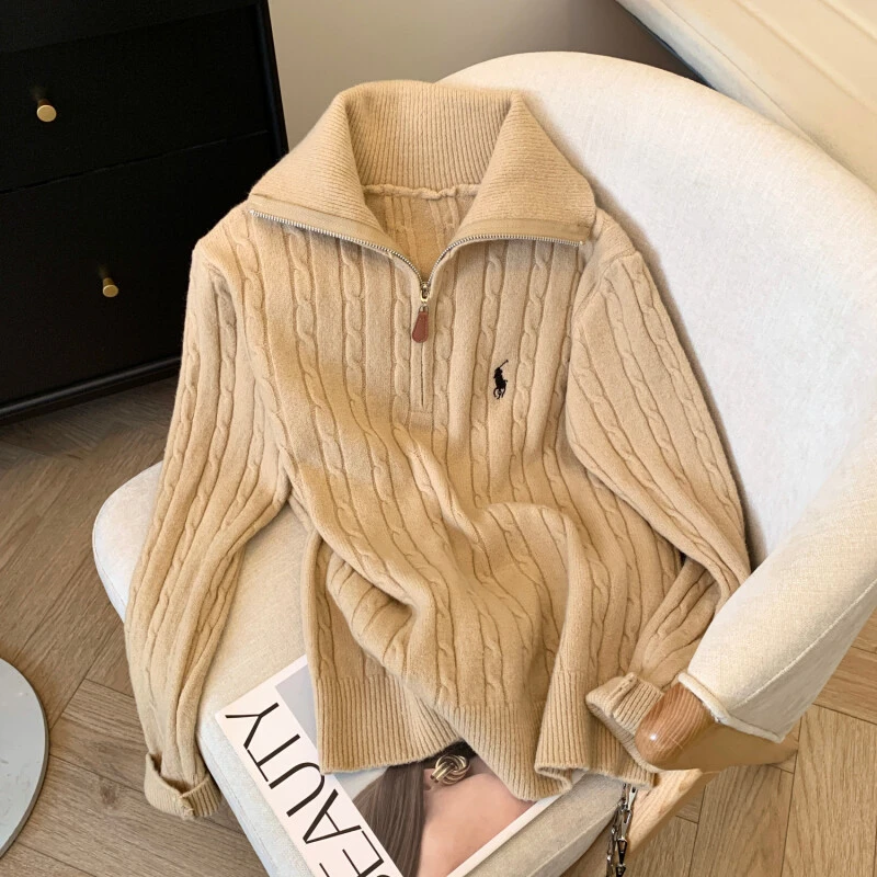 韩版小马刺绣半拉链秋冬翻领毛衣女春秋软糯针织衫慵懒麻花上衣