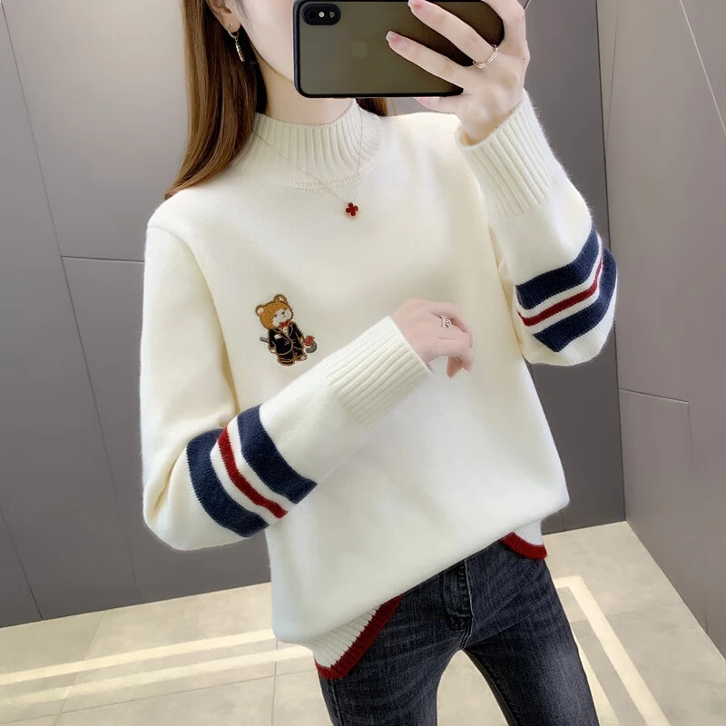 小熊半高领秋冬毛衣女春秋2025新款韩版宽松上衣加厚打底针织衫潮