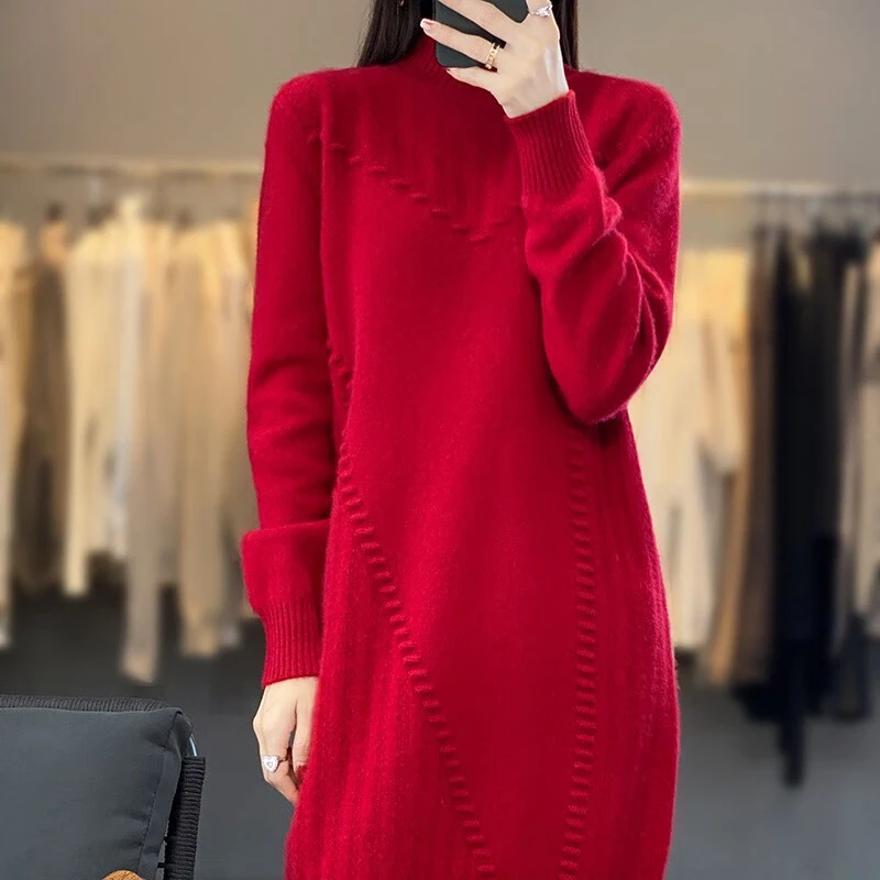 中长款女新款半高领针织2025春气质红色套头圆领显瘦毛衣网红时尚