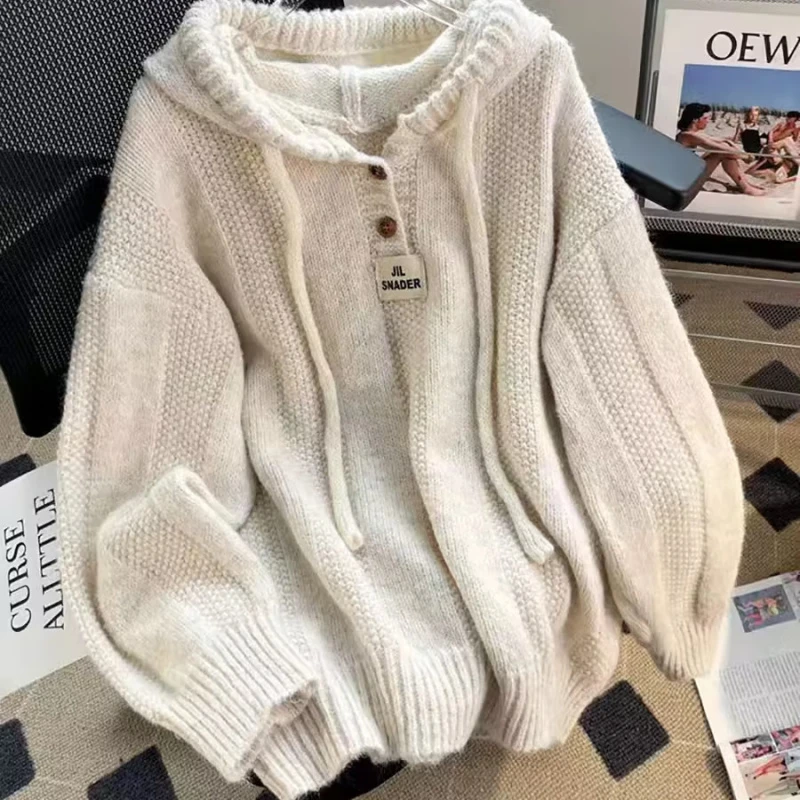 春秋氛围感百搭连帽毛衣韩版宽松慵懒新款加厚可外穿针织卫衣上衣