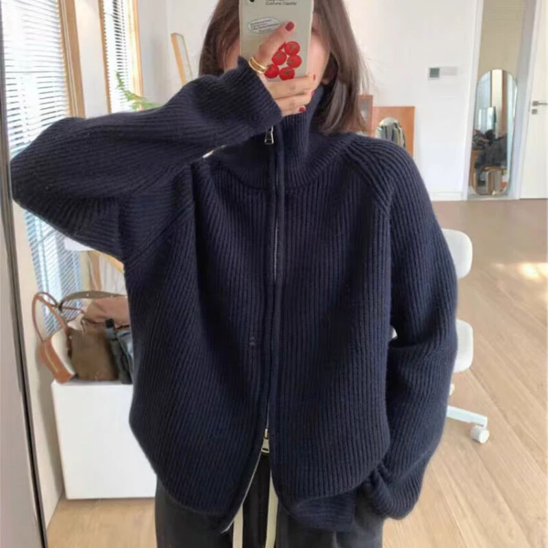 韩版复古翻领拉链毛衣外套女秋冬外搭高级感宽松外穿针织开衫上衣