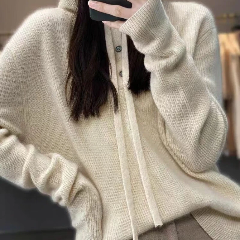 女春秋2025新款加厚连帽针织衫卫衣毛衣宽松百搭针织打底衫上衣