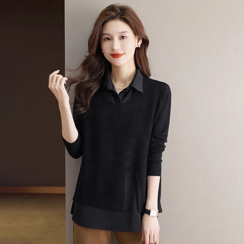 春秋季洋气新款打底衫气质显瘦上衣时尚假两件衬衫拼接宽松女款毛