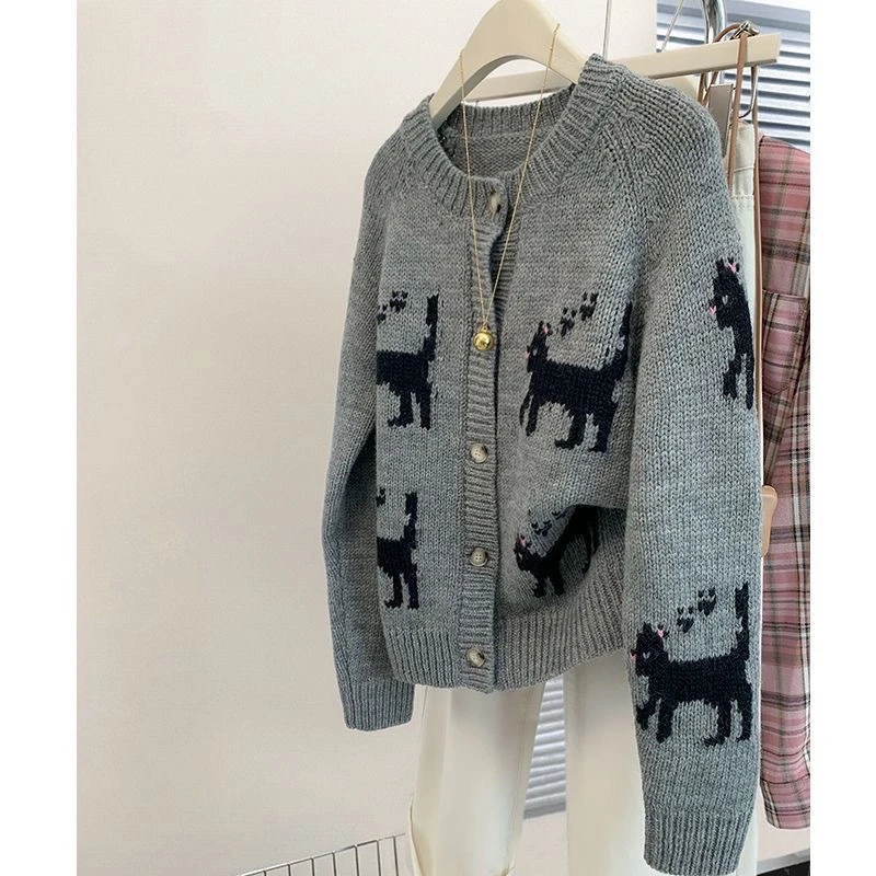 学院风小猫提花灰色圆领毛衣外套女春秋季高级感别致上衣针织开衫