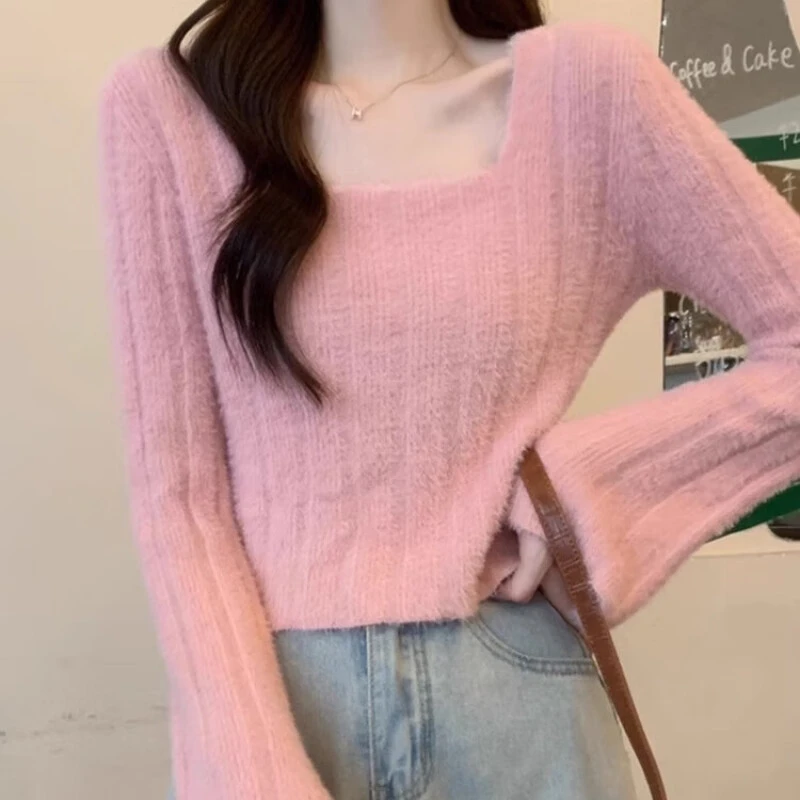 温柔方领喇叭袖毛衣女春春秋软糯修身内搭打底针织衫高腰短款上衣