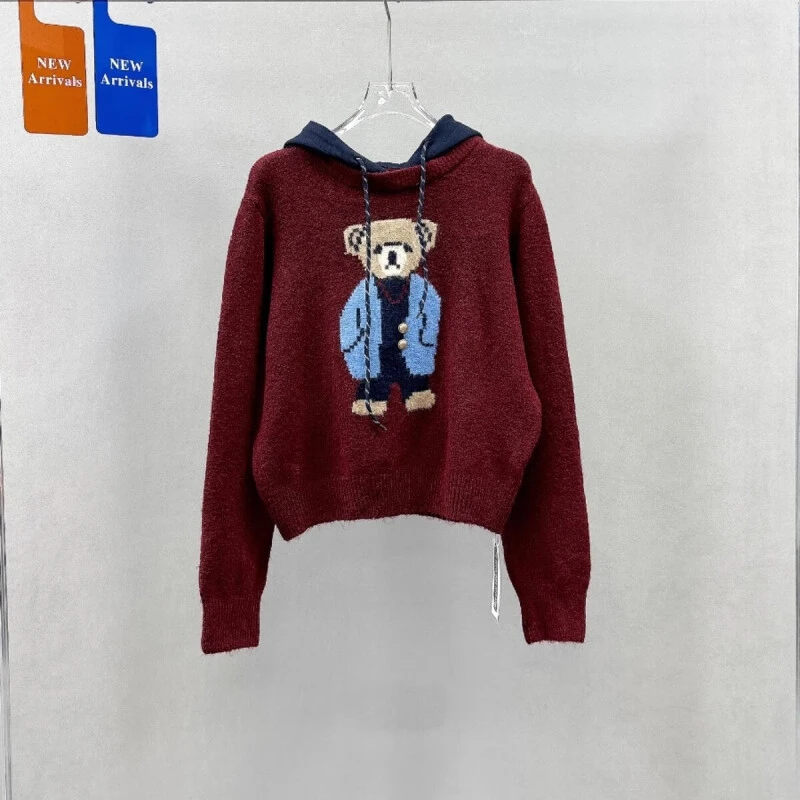 春秋新款拼接连帽卡通小熊针织衫女宽松减龄时尚毛衣上衣