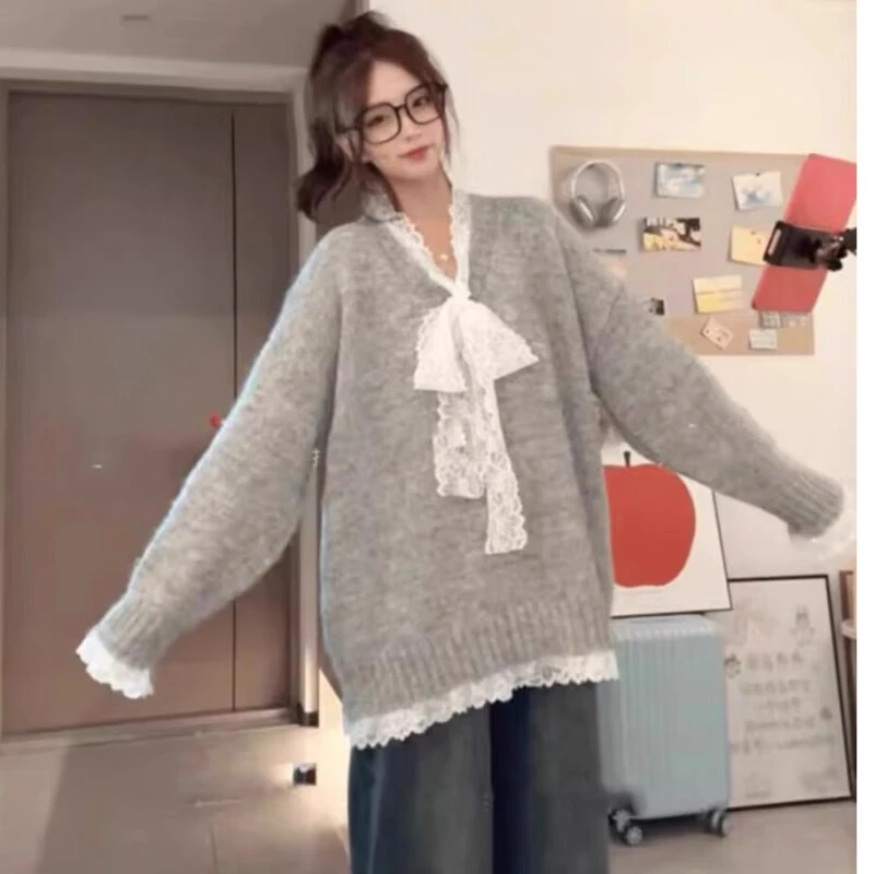 慵懒风小众设计感蕾丝花边针织衫毛衣女2025秋季新款女装百搭上衣