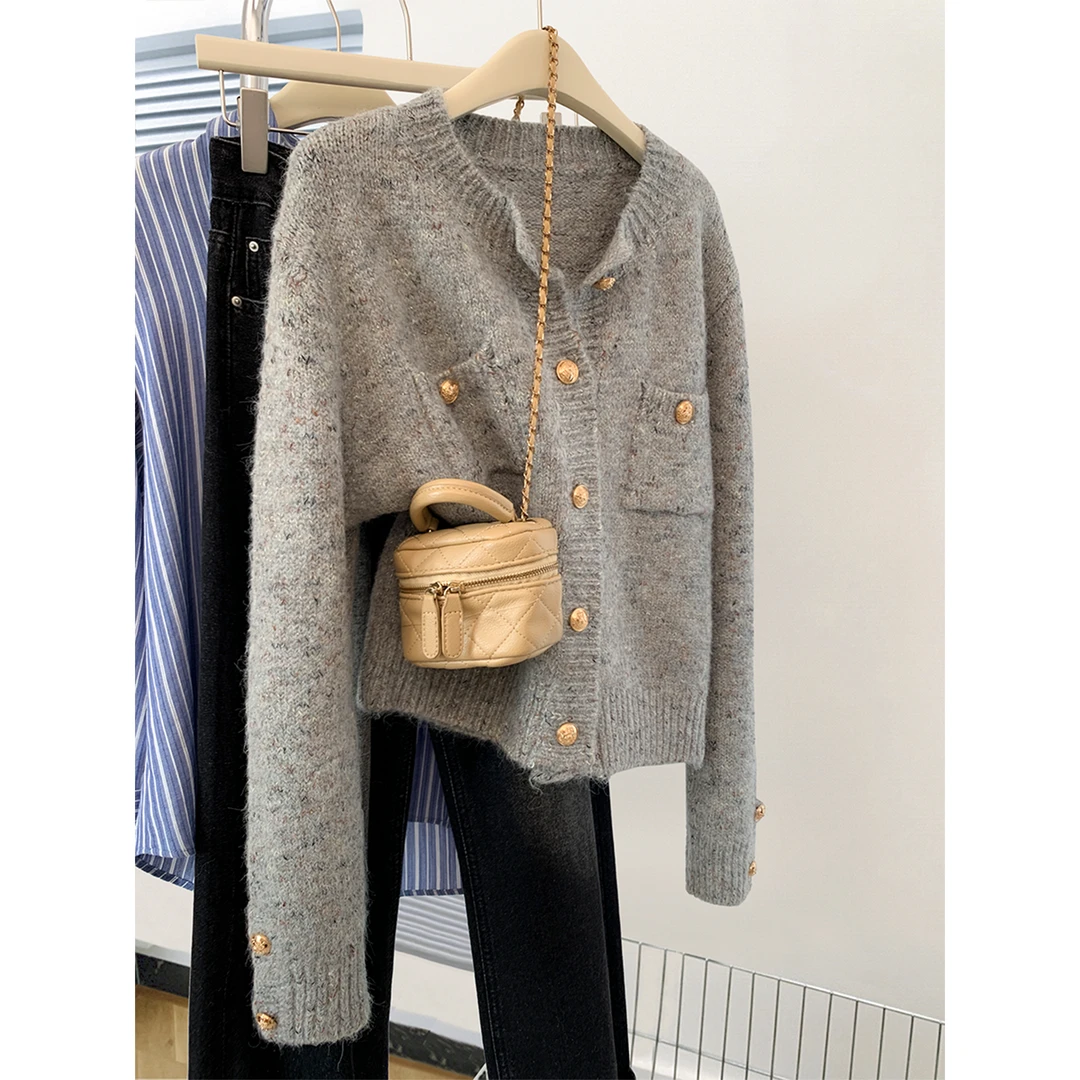 外搭宽松时尚女慵懒风外套春秋长毛衣长袖开衫短款小香风毛衣气质