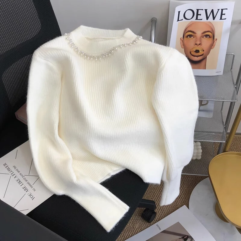 韩系显白粉色针织衫少女感春秋名媛减龄毛衣小众高级感钉珠针织衫