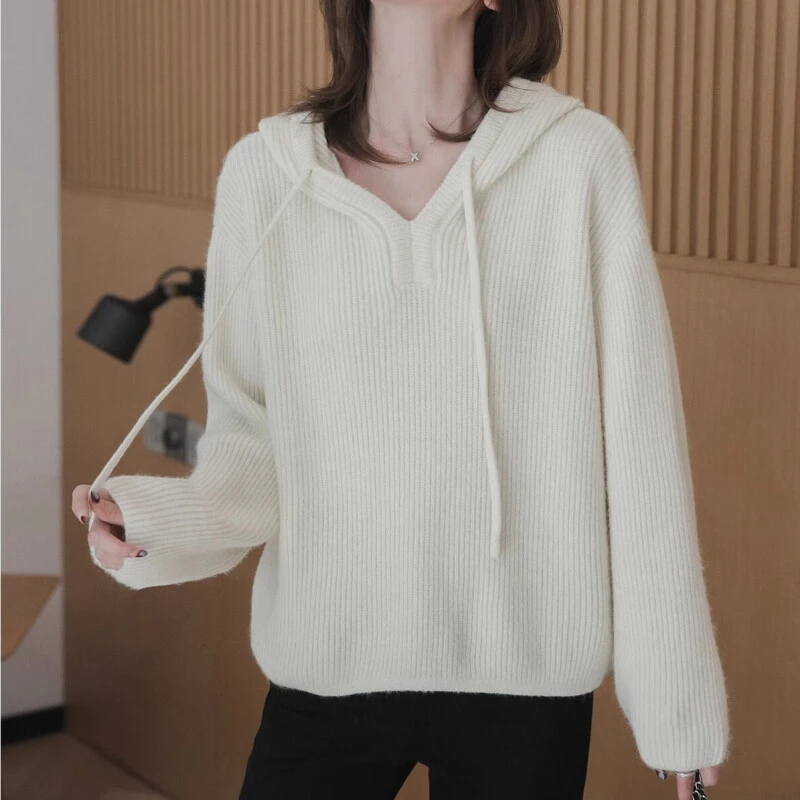 连帽毛衣女2025春秋新款时尚肌理感V领宽松慵懒风长袖针织