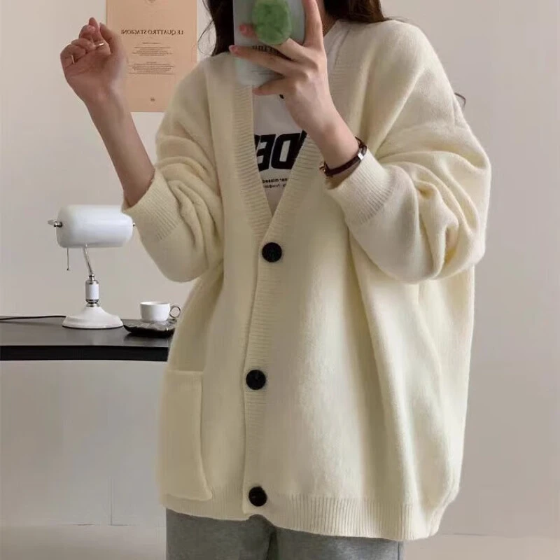 灰色毛衣开衫女设计感小众小个子2025春秋慵懒风宽松V领针织外套