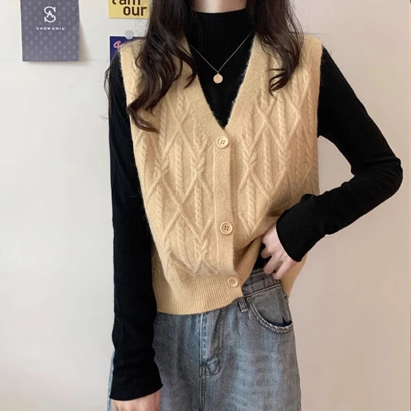 开衫针织马甲女春秋百搭V领单排扣短款麻花毛衣背心马夹外搭早秋
