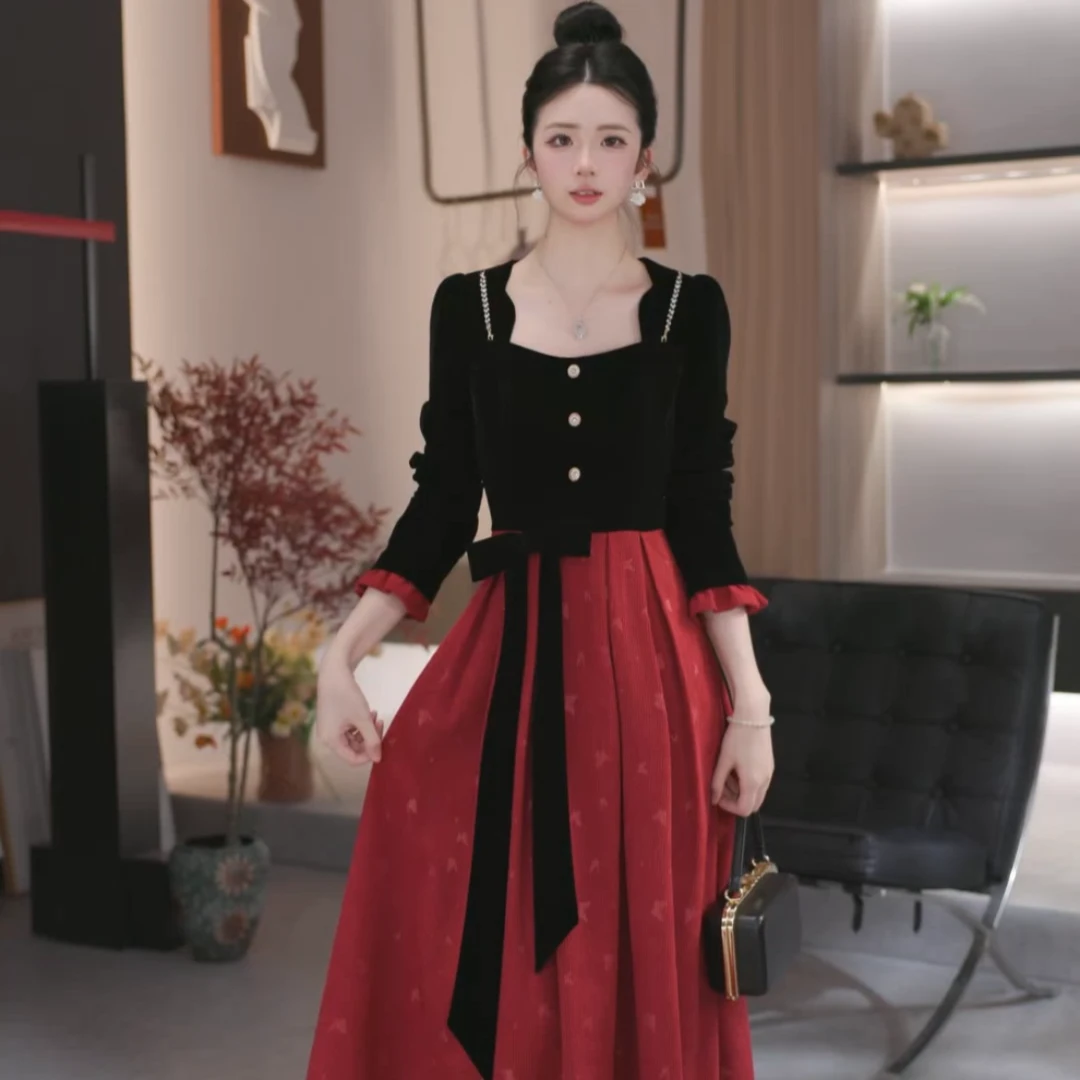 【WBR晓西】2024年秋冬新款丝绒拼接显瘦收腰连衣裙-BN155K