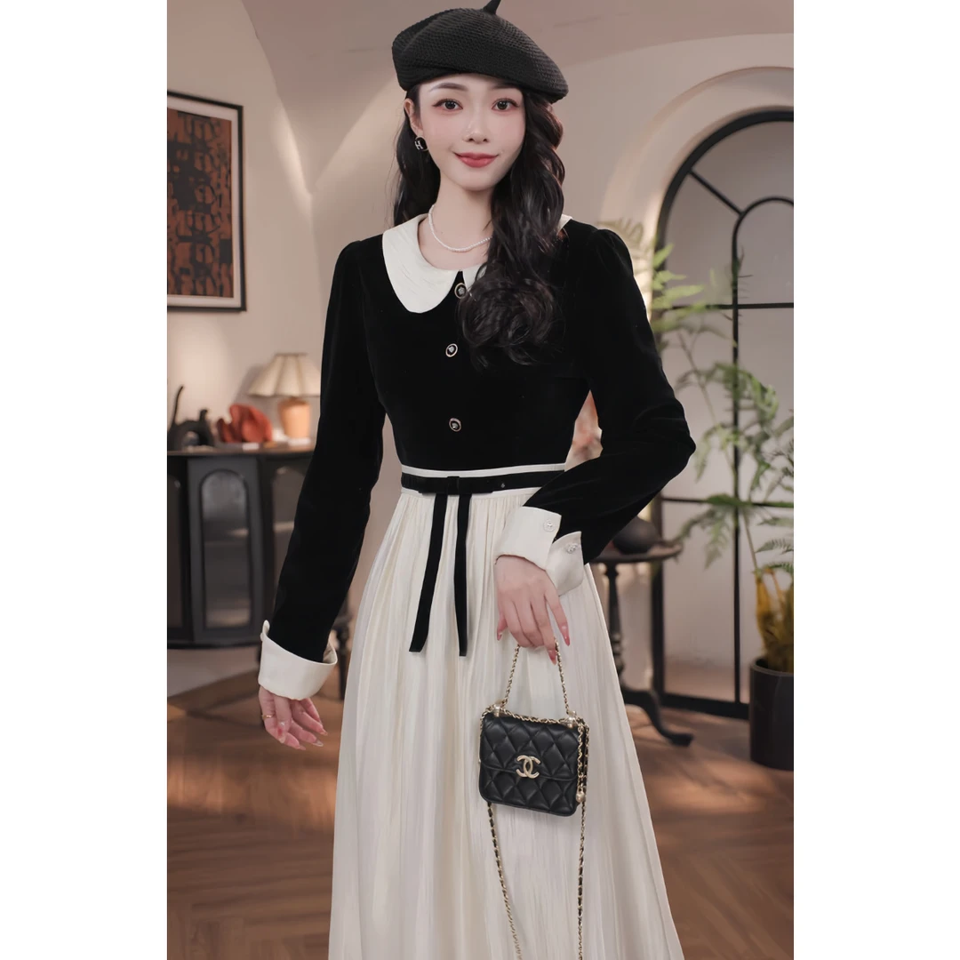 WWR 米粒-2024年秋冬新款娃娃领收腰显瘦收腰连衣裙-B8185K