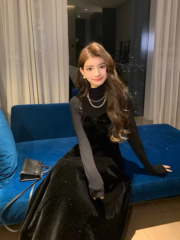 Liang Mei【未见星月】秋冬新款黑色金丝绒星空设计感连衣裙-3N157K